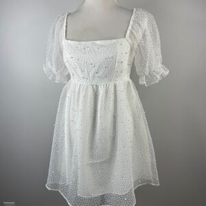 Allison + Kelly White Pearl Rhinestone Swiss Dot Puff Sleeve Mini Dress Medium